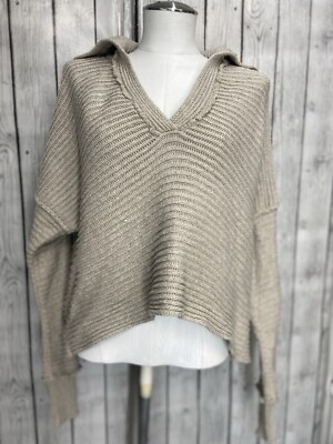 Free People Sweater womens small Beige Thick-Knit Cropped Collared Grunge