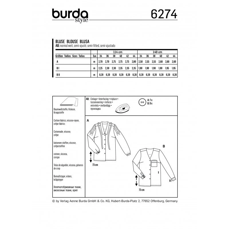 6274 PATRON BURDA  2 CREATIONS  BLOUSE  CHEMISE   TAILLE DU 36 AU 46 - Photo 2/2