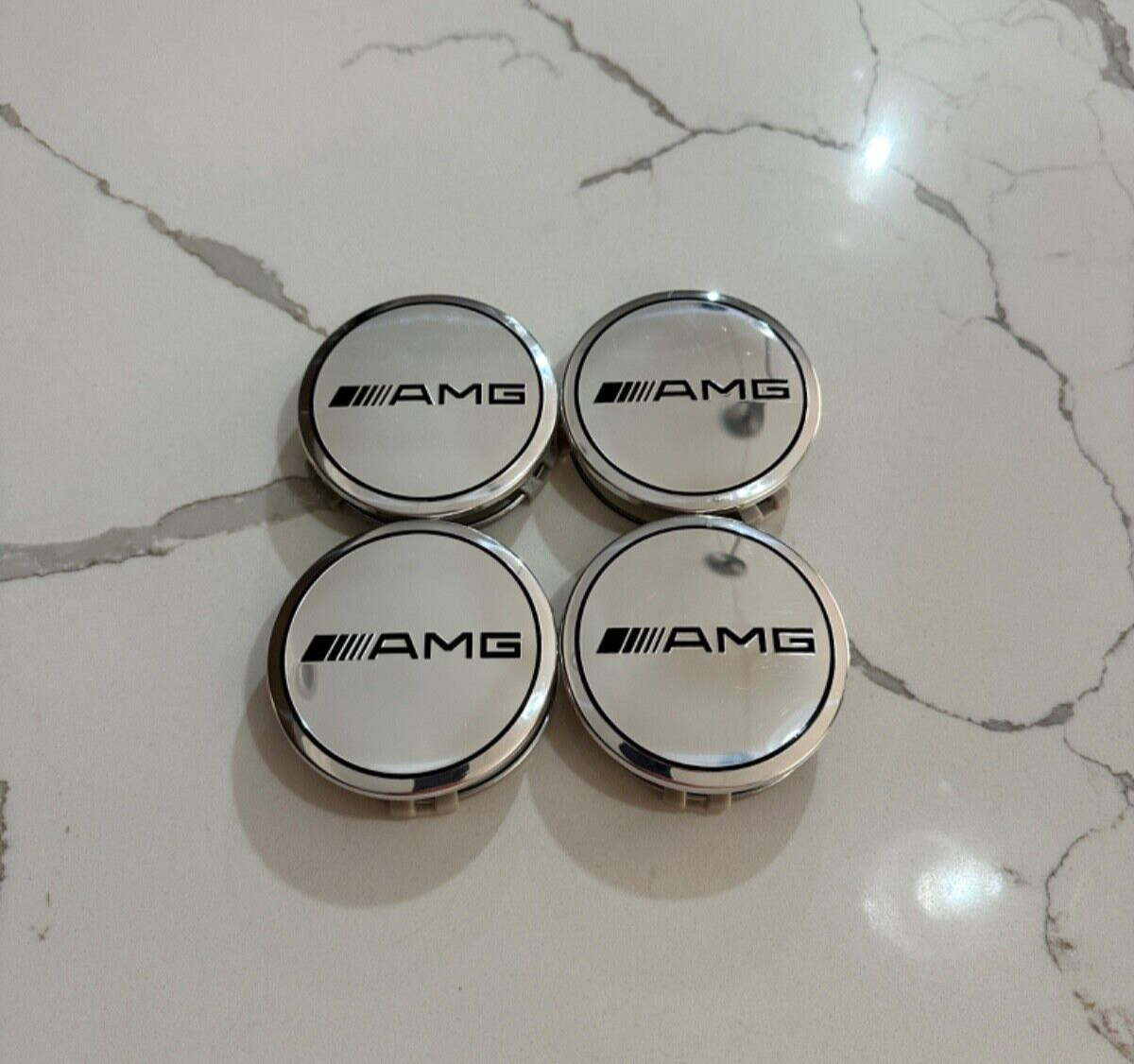 SET OF 4 Mercedes Benz AMG 75MM Silver & Black Rim Wheel Center Hub Caps Emblem