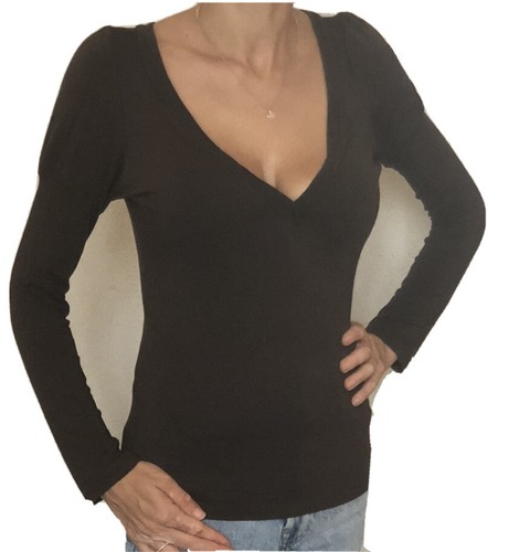 Maglietta maniche lunghe scollo a v marrone - Woman brown long sleeved T- shirt | eBay