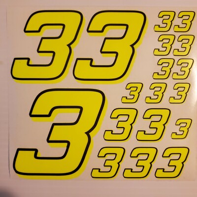 #3's Flourescent Yellow w/black out Racing Numbers Vinyl Decal Sheet 1/ ...