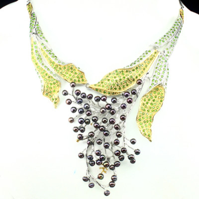 Echte grüne Chromdiopsid, schwarze Perle 14K auf 925 Sterlingsilber Halskette 17''