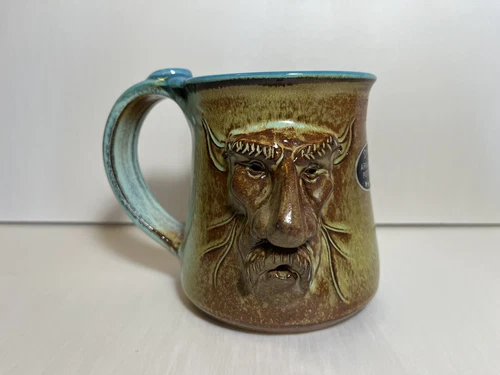 Signed 1987 DRYDEN ARKANSAS POTTERY Coffee Mug Cup Drip Glaze w/ Sculpted Face