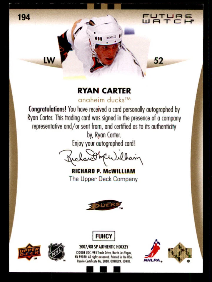 2007-08 SP Authentic #194 Ryan Carter AU RC /999 (ref 239982) - Image 2 of 2