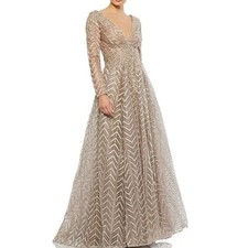 Mac Duggal 20189 chevron embellished long sleeve gown taupe Sz 16 Wedding formal