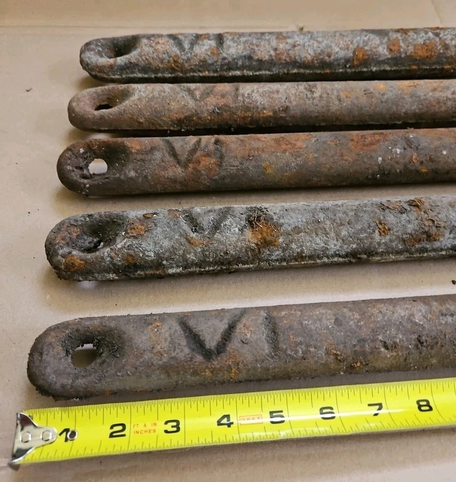 Lote de 5 pesos antigos de faixa de janela de ferro fundido longo 14" 6 lb Marcado VI - Imagem 2 de 4