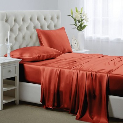 Lanest Housing Silk Satin Sheets, 4-Piece Queen Size Satin Bed Sheet Set with De