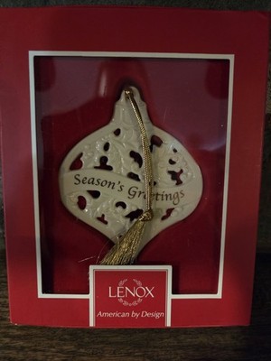 Lenox Porcelain 3'' SEASONS GREETINGS Ornament Teardrop Cutout 821222 NIB