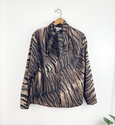 Vintage 80s San Andre Brown Tiger Print Button Up Blouse Top Women s 14 Large 