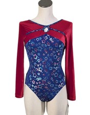 GK Elite VTG Freedom LS Metallic Star Keyhole Velvet Leotard AM Red White Blue