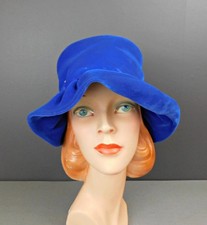 Vintage Bright Blue Velvet Hat with Floppy Brim, 1960s 21 inch head, Boho