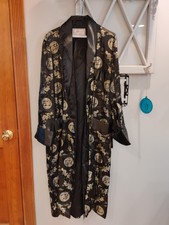 Vintage Chinese Dragon Phoenix Satin Brocade Kimono Robe Black Embroidered Sz 50