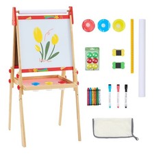 Kids Easel Set with Paper Roll, Adjustable Height Wooden Double-Sided Magnetic