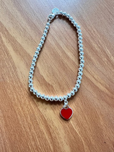 Tiffany & Co. Sterling Silver Heart Tag 4mm Bead Bracelet size 7"