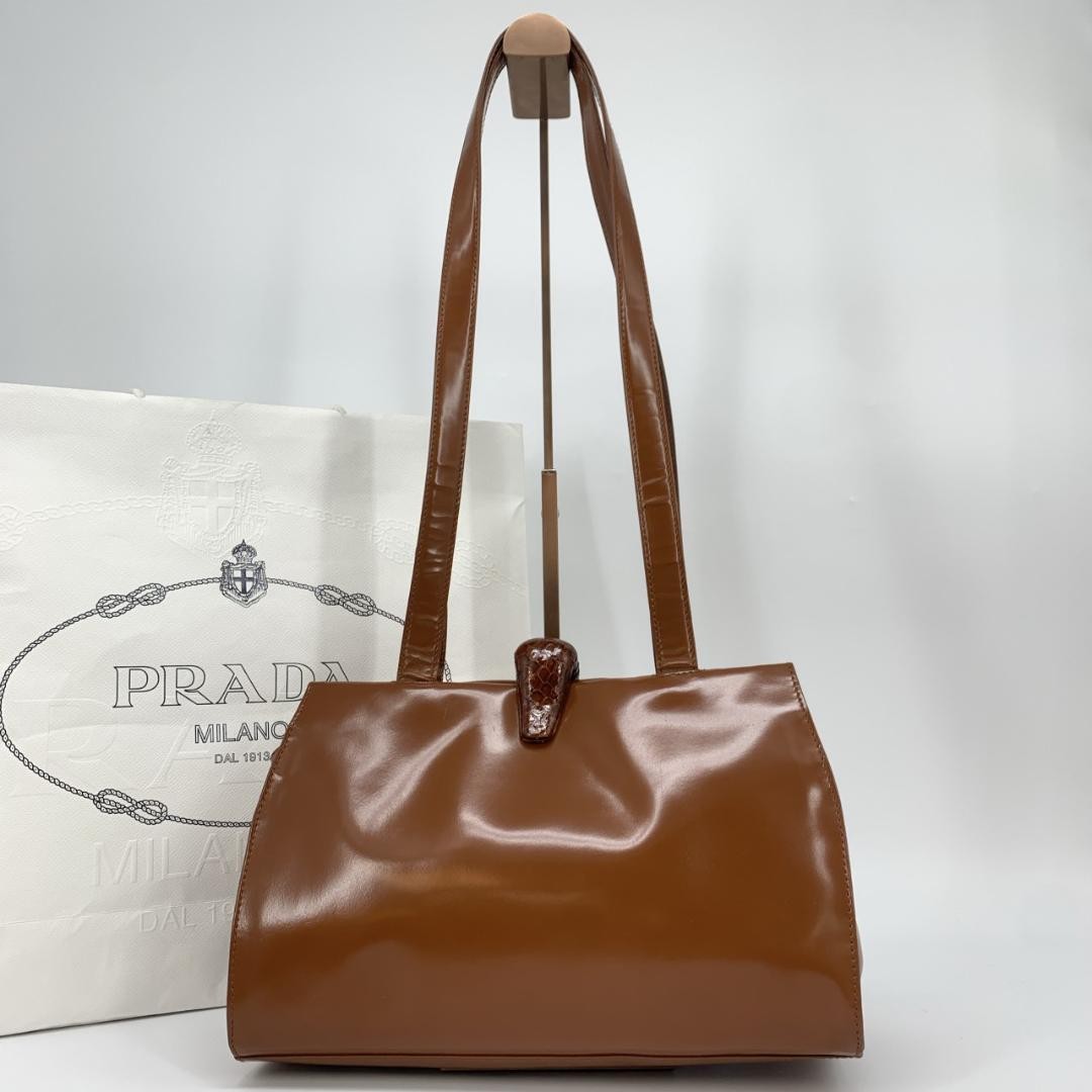 Prada Brown Patent Leather Enamel Python Logo Sho… - image 3