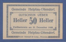 Banknote Austria voucher for 50 Heller municipality Helpfau-Uttendorf, 1920