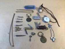 Vintage Junk Drawer Lot Knives, Police Whistle, Brothel Key Chain,Misc.,Tie Clip