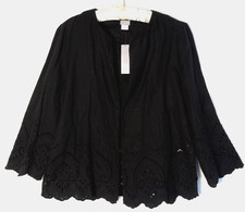 Chico's Black 100 Linen Eyelet Hem Embroidered Jacket SZ. 1 US 8/10 Cottagecore