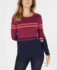 Charter Club Women's Striped Button Detail Sweater Long Sleeve Berry Size XXL