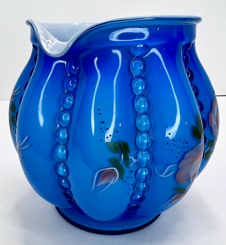 Fenton Melon Rib Cased Blue Pitcher 1992 Hand Painted By Smith - Picture 7 of 9