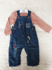 M&S Unisex Denim Dungeree Brown Copper Stripe Long Sleeve Top Set New 6 - 9month
