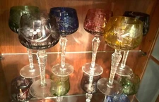 Set of 6 Bohemian Czech Cut to clear Crystal Hock Wine Goblets