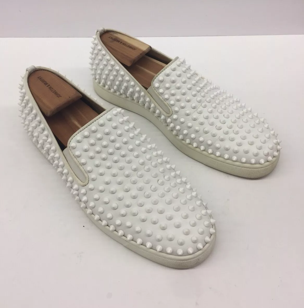 $1200 CHRISTIAN LOUBOUTIN White Leather Spike Roller Boat Flat Mens 44 eu/ 11 us