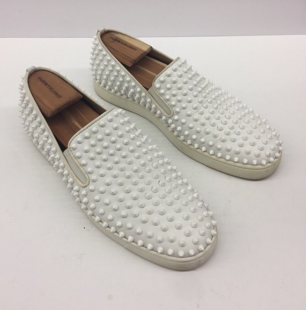 $1200 CHRISTIAN LOUBOUTIN White Leather Spike Roller Boat Flat Mens 44 eu/  11 us