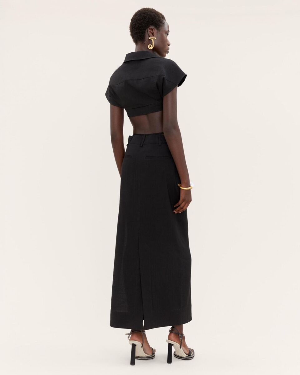 JACQUEMUS La Jupe Terraio laine mélange de chanvre maxi jupe noire taille FR 36