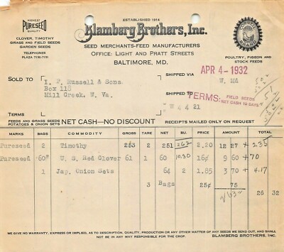 Baltimore MD~Blamberg Brüder~Cornell Marke Geflügel & Taube~1932 Rechnungsbeleg