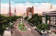 c1940 Wisconsin Avenue Looking West From Library Milwaukee WI Linen Postcard