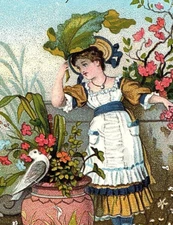 1882 Acme Soap Trade Card Adorable Girl Urn Dove Flowers