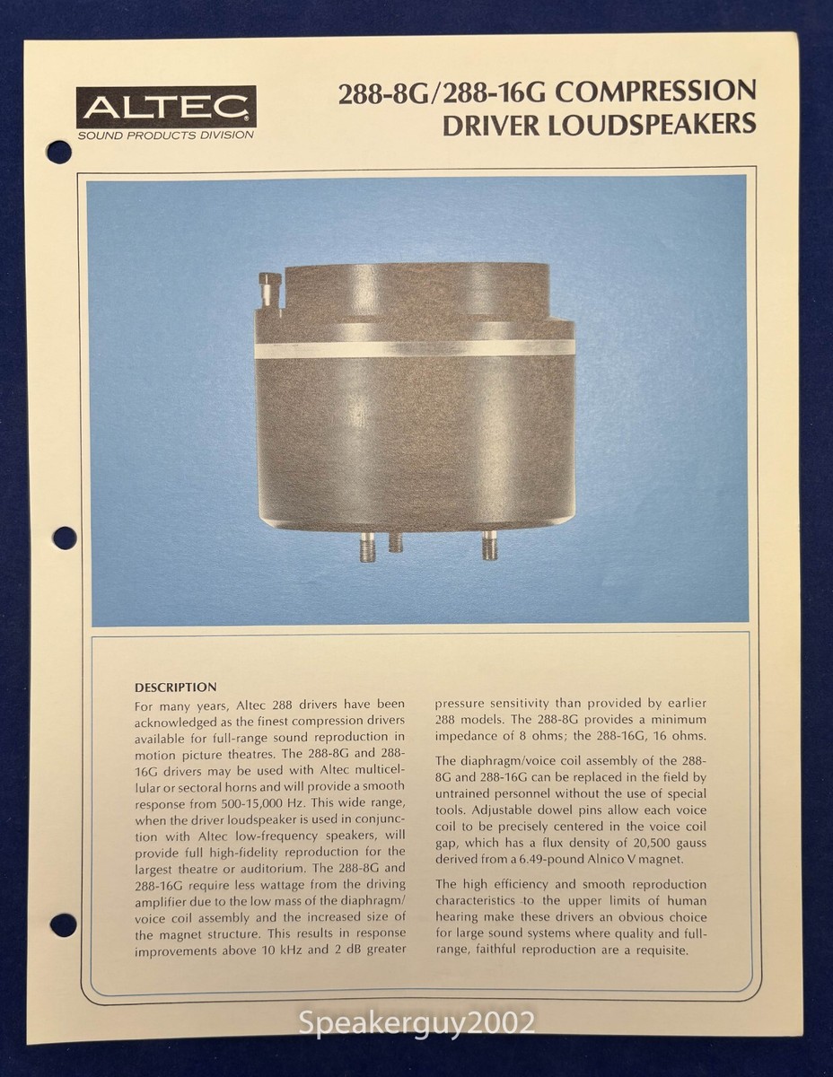 Vintage Altec Lansing Spec Sheet / 288-8G - 288-16G Driver | eBay