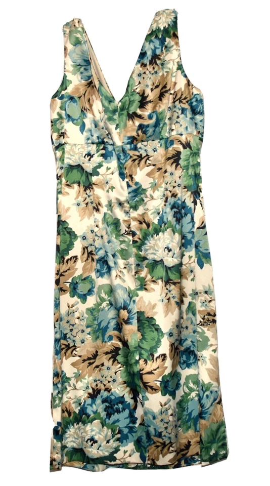 Donna Ricco Blue Green Tan Floral V-Neck Ruche Empire Waist Womens Dress Size 6P - Image 4 of 4