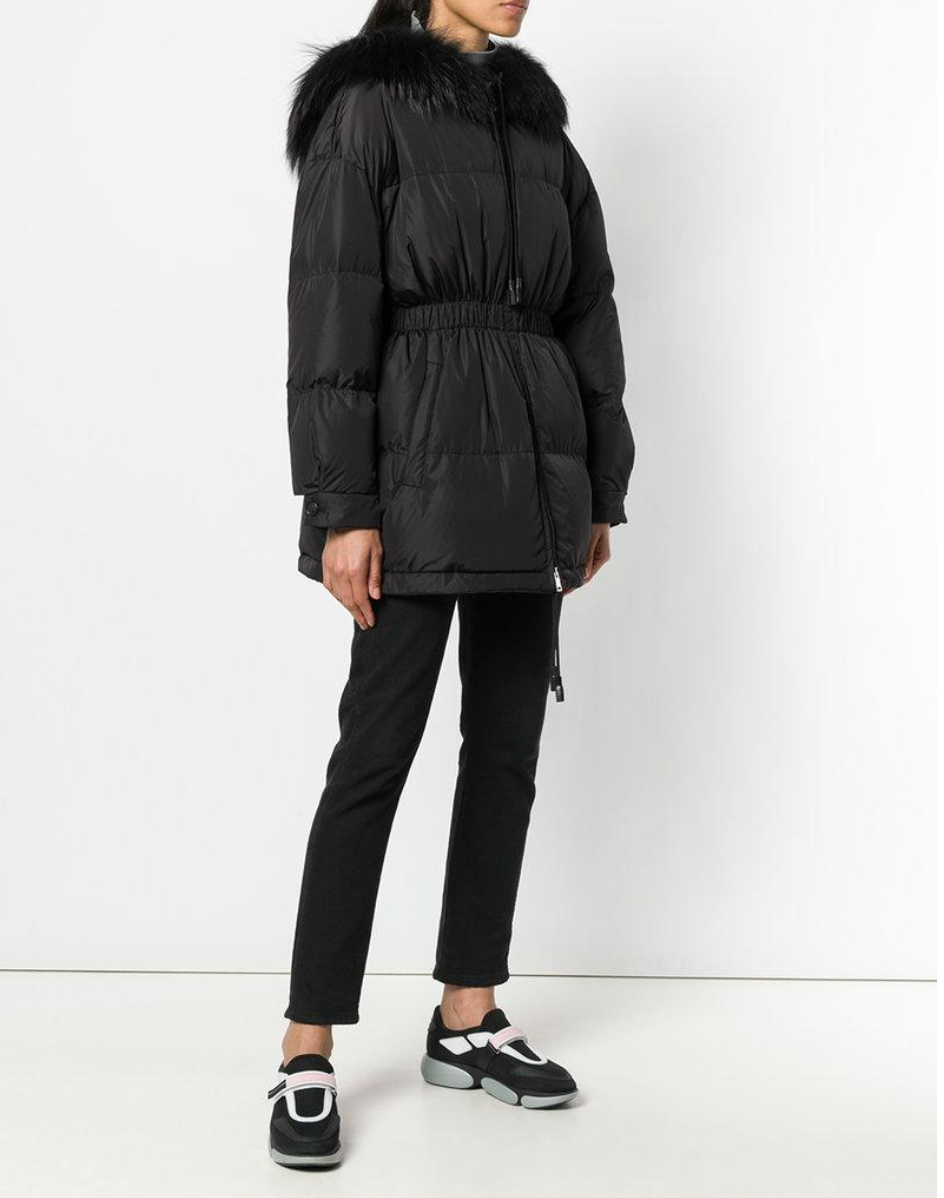 PRADA Black Zip Front Cinched Waist With Fur Collar Quilted PRADA Black Zip Front Cinched Waist With Fur Collar Quilted