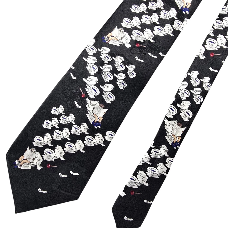 Corbata salvapantallas After Dark Flying Toilets años 90 negra seda 56" - 4" vintage EE. UU. Foto 2 de 4