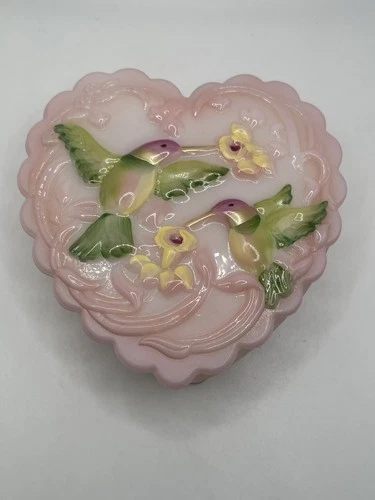 Fenton Hand Painted Signed S. Waters Hummingbird Heart Trinkets Keepsake Box
