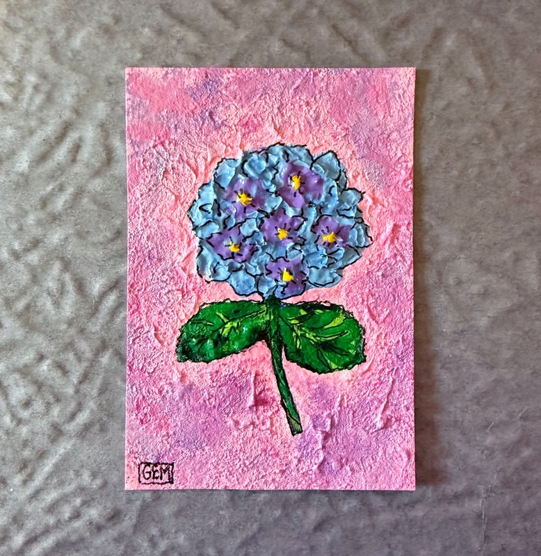 ATC ACEO Original Acrylic Impasto Painting of Hydrangea by GEM 3.5" x 2.5"