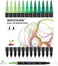 Green Markers, 12 Pack Dual Brush Pens Drawing Markers for Art Sketching