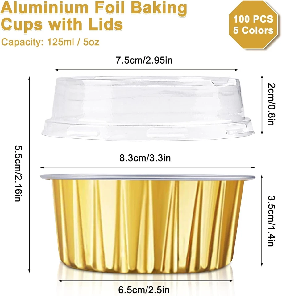 100 Pirottini in Alluminio Con Coperchio, 141,7 G, per Cupcake, Muffin, Feste, C - Immagine 2 di 4