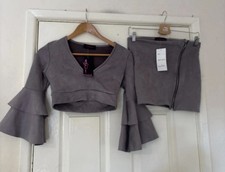 Women’s Grey Faux Suede 2 Piece Outfit Size 8 Prague New