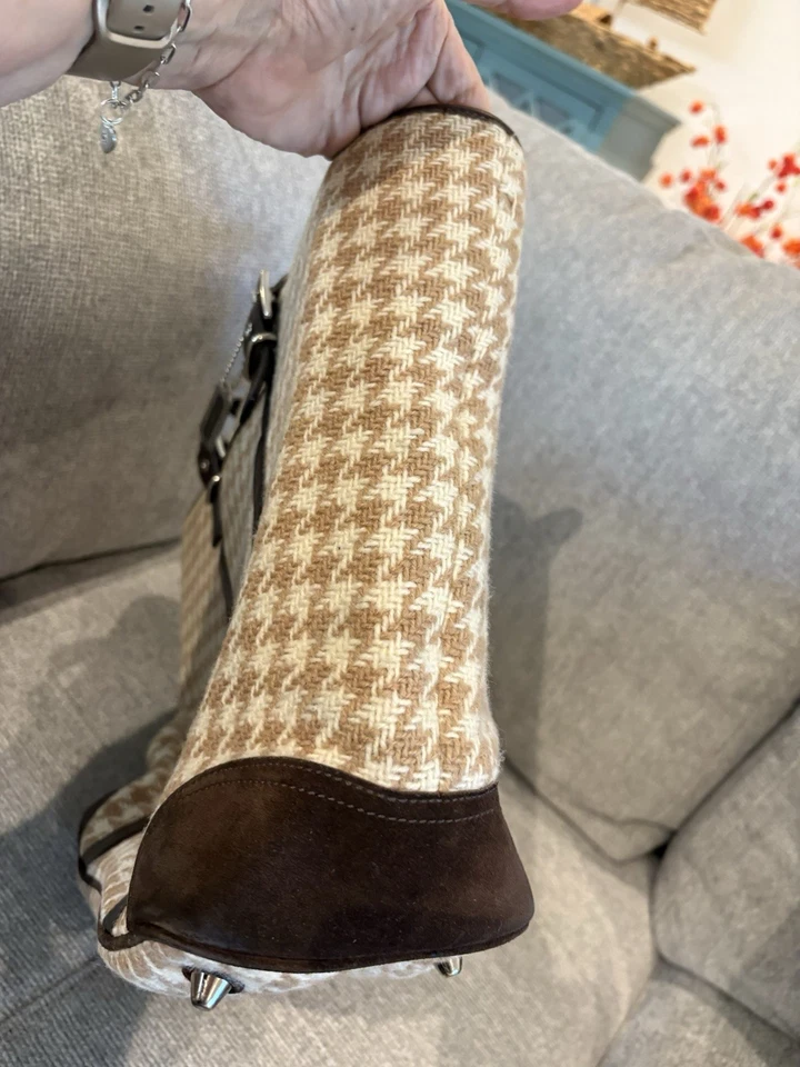 Bolso/bolso de mano Coach vintage de lana pata de gallo marrón marfil con cuero marrón y gamuza Foto 3 de 4