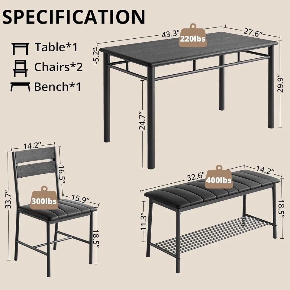 Set for 4 Dining Table Upholstered Bench and 2 Chairs Small Space Kitchen Table - Image 3 of 4
