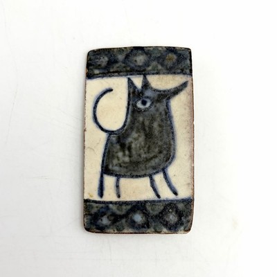 Vintage Pottery Tile Brooch Animal Dog Cat Karin Og Aase Made In Denmark