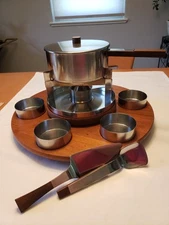 Stelton Fondue Set  Lazy Susan MCM Denmark Teak Holmblad Cylinda Complete
