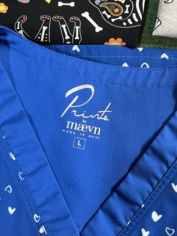 Lot Of 9 Medical/Nursing Scrub Tops Patterned Various Brands Women’s Size Large - Image 3 of 4