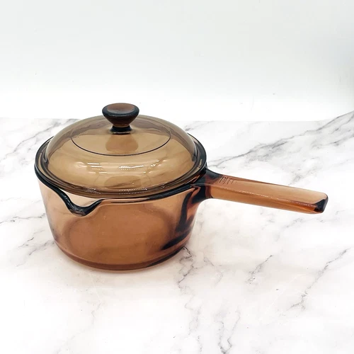 Vtg Pyrex Visions Ware Glass Sauce Pan Pot 1 L Amber Cookware Lid Spout USA