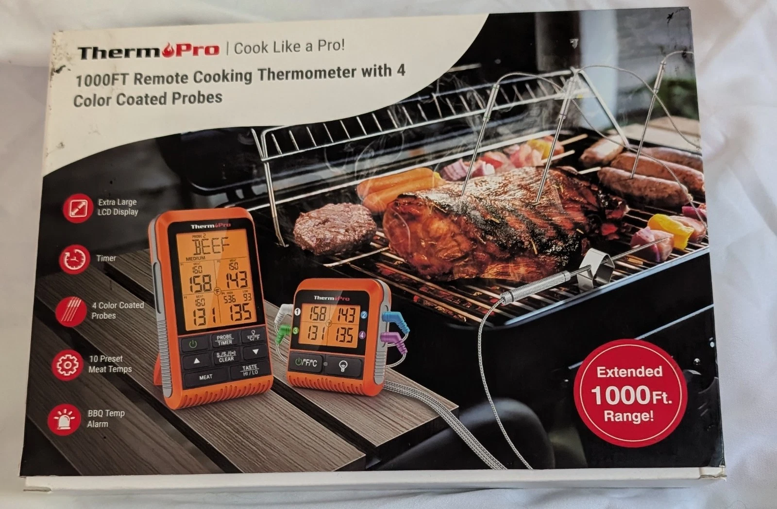 NEW IN BOX ThermoPro TP829 Wireless Meat Thermometer 1000FT 4 Probes BBQ