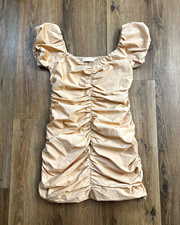 ASTR The Label Beige Ruched Smocked Mini Dress Square Neck Puff Sleeve L
