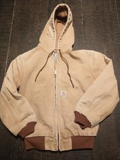 Vtg Distressed Carhartt JR606 USA Made Tan Hooded Duck Jacket Size Youth Medium
